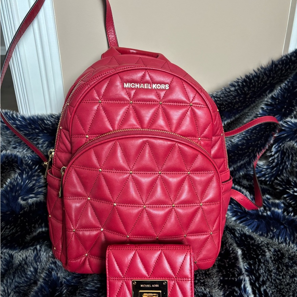 Michael Kors Red Quilted Backpack and Walllet